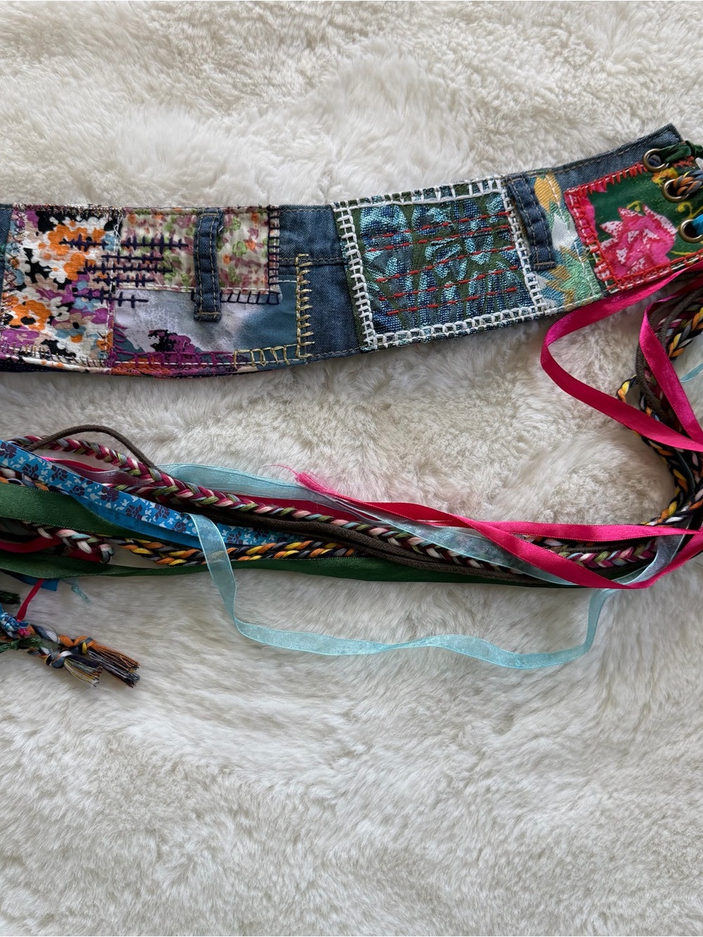 Handmade Boho Patchwork Denim Belt Art Ribbon Lace Up Festival OOAK - Picture 10 of 15